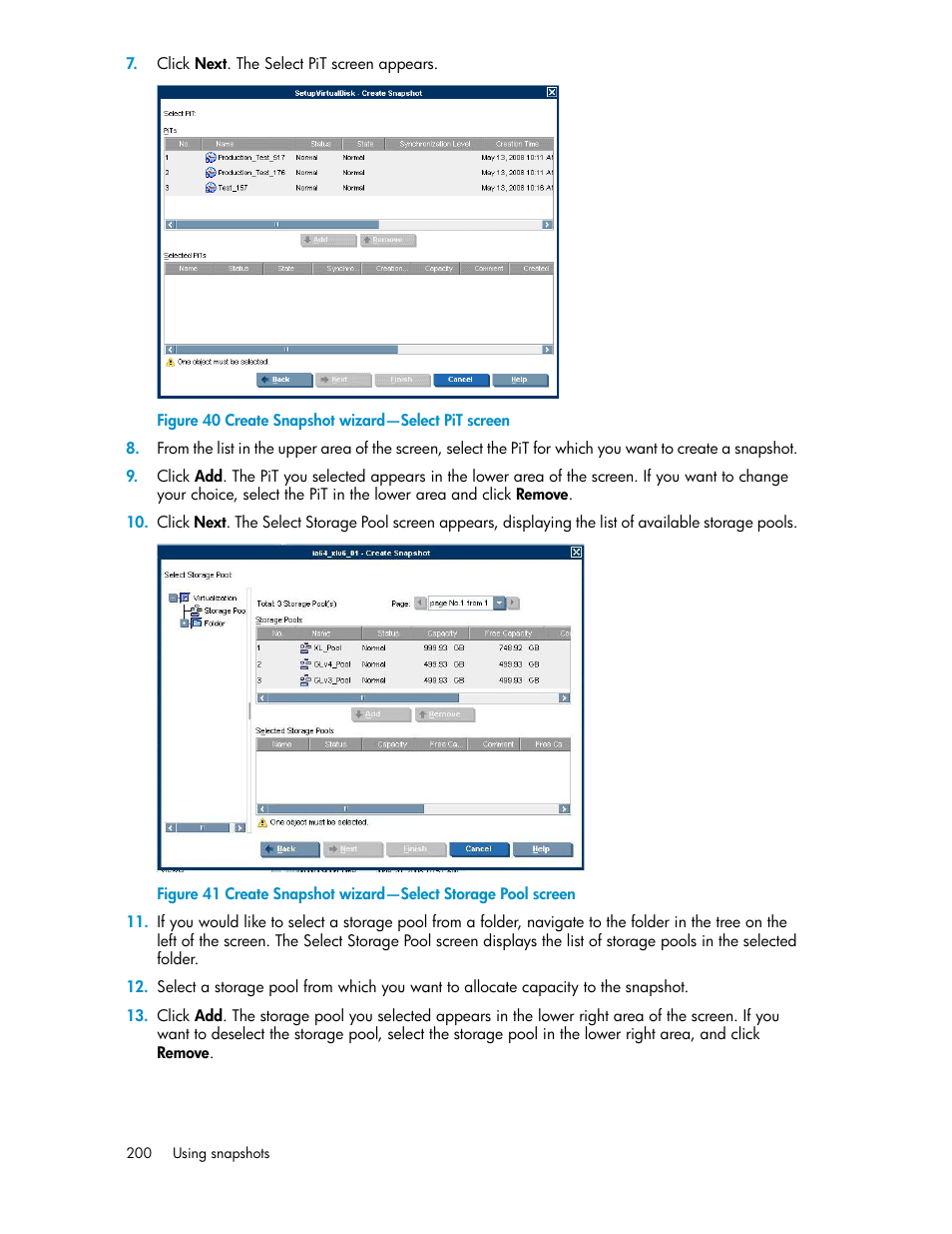 Create snapshot wizard—select pit screen, Create snapshot wizard—select storage pool screen | HP SAN Virtualization Services Platform User Manual | Page 200 / 382