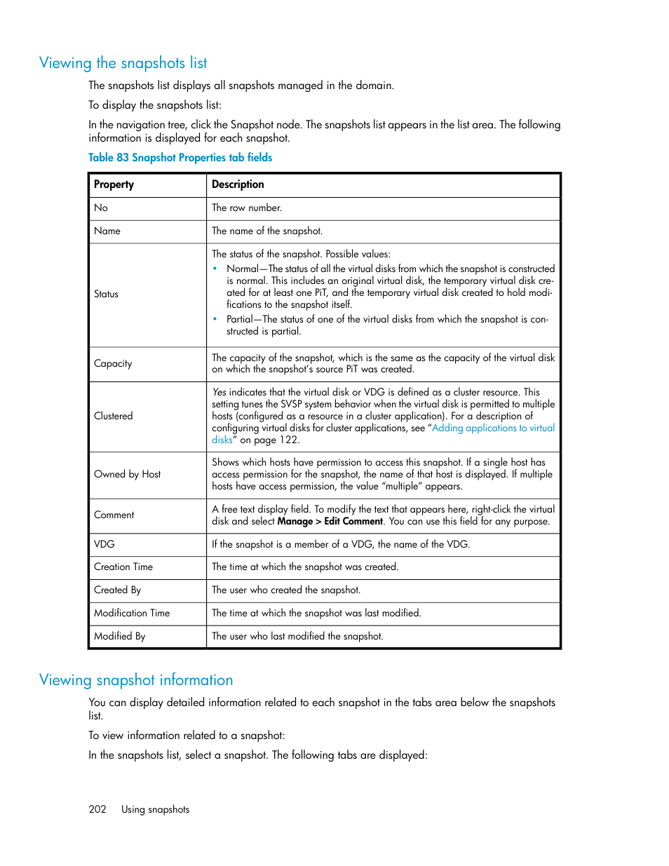 Viewing the snapshots list, Viewing snapshot information, 202 viewing snapshot information | Snapshot properties tab fields | HP SAN Virtualization Services Platform User Manual | Page 202 / 382