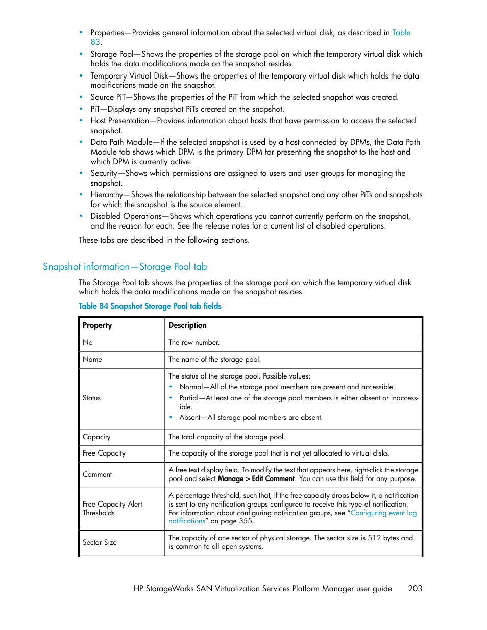 Snapshot information—storage pool tab, Snapshot storage pool tab fields | HP SAN Virtualization Services Platform User Manual | Page 203 / 382