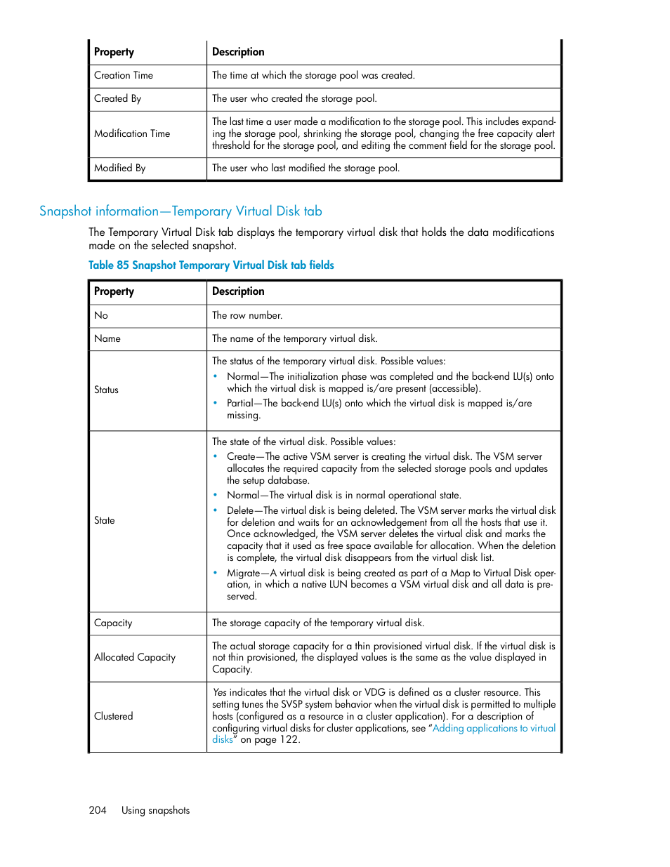 Snapshot information—temporary virtual disk tab, Snapshot temporary virtual disk tab fields | HP SAN Virtualization Services Platform User Manual | Page 204 / 382