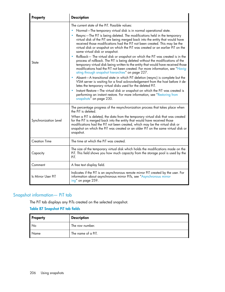 Snapshot information— pit tab, Snapshot pit tab fields | HP SAN Virtualization Services Platform User Manual | Page 206 / 382