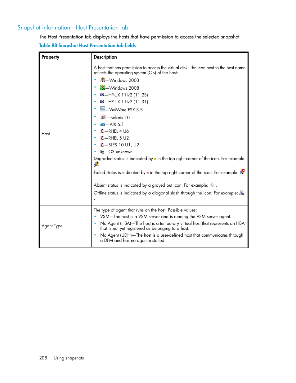 Snapshot information—host presentation tab, Snapshot host presentation tab fields | HP SAN Virtualization Services Platform User Manual | Page 208 / 382