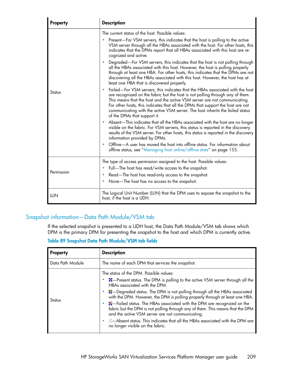Snapshot information—data path module/vsm tab, Snapshot data path module/vsm tab fields, Snapshot information--data path module tab | HP SAN Virtualization Services Platform User Manual | Page 209 / 382