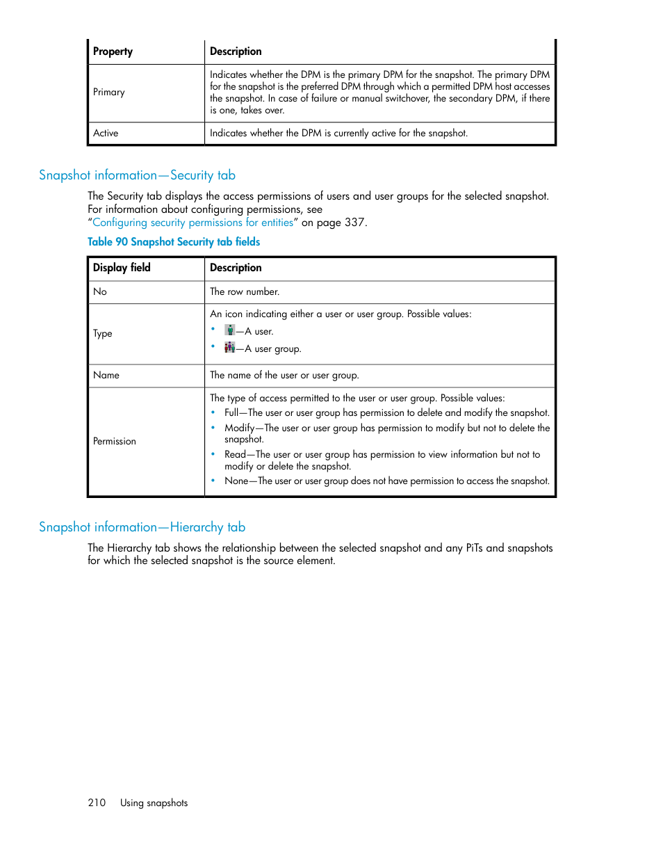 Snapshot information—security tab, Snapshot information—hierarchy tab, 210 snapshot information—hierarchy tab | Snapshot security tab fields | HP SAN Virtualization Services Platform User Manual | Page 210 / 382