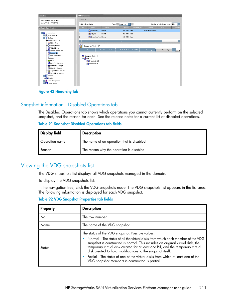 Snapshot information—disabled operations tab, Viewing the vdg snapshots list, Hierarchy tab | Snapshot disabled operations tab fields, Vdg snapshot properties tab fields | HP SAN Virtualization Services Platform User Manual | Page 211 / 382