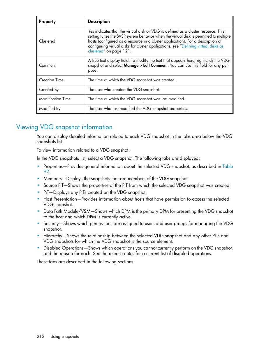 Viewing vdg snapshot information | HP SAN Virtualization Services Platform User Manual | Page 212 / 382