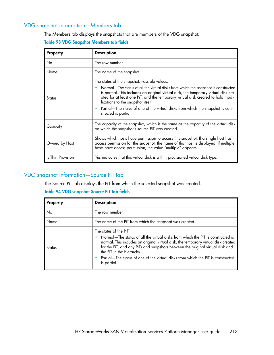 Vdg snapshot information—members tab, Vdg snapshot information—source pit tab, 213 vdg snapshot information—source pit tab | Vdg snapshot members tab fields, Vdg snapshot source pit tab fields | HP SAN Virtualization Services Platform User Manual | Page 213 / 382