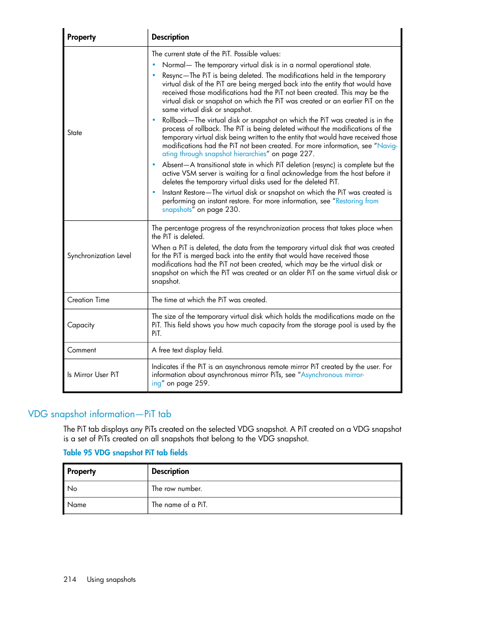 Vdg snapshot information—pit tab, Vdg snapshot pit tab fields | HP SAN Virtualization Services Platform User Manual | Page 214 / 382