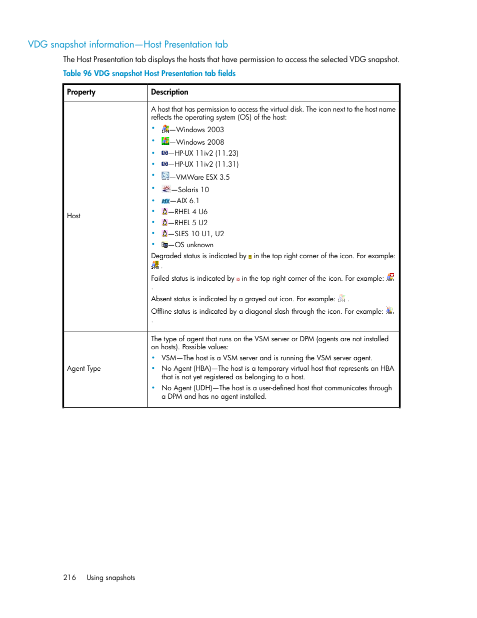 Vdg snapshot information—host presentation tab, Vdg snapshot host presentation tab fields | HP SAN Virtualization Services Platform User Manual | Page 216 / 382