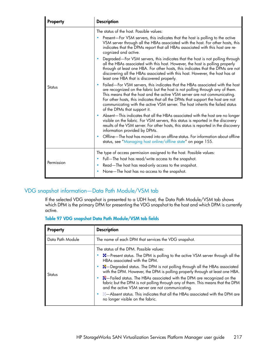 Vdg snapshot information—data path module/vsm tab, Vdg snapshot data path module/vsm tab fields | HP SAN Virtualization Services Platform User Manual | Page 217 / 382