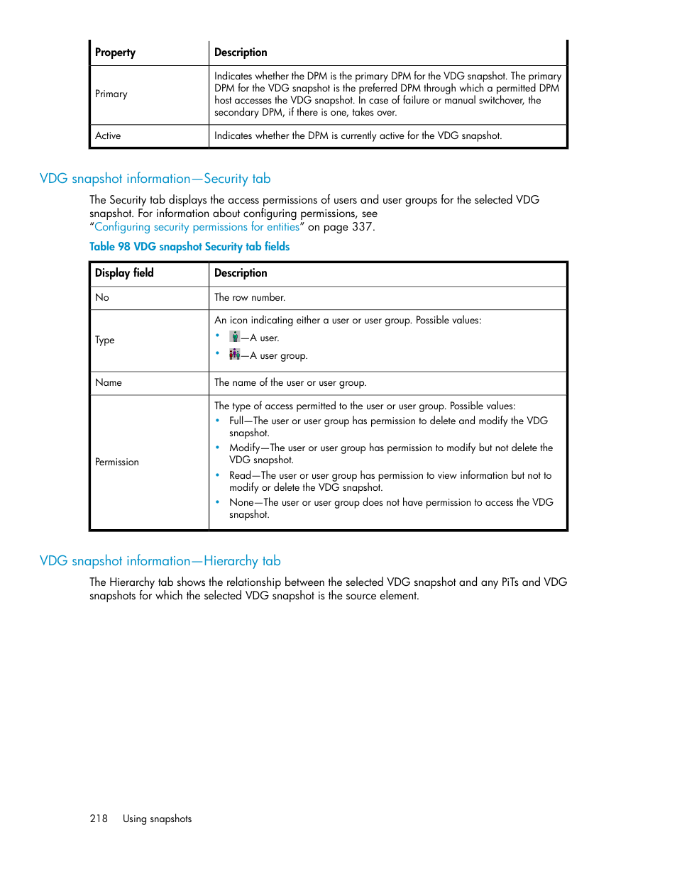 Vdg snapshot information—security tab, Vdg snapshot information—hierarchy tab, 218 vdg snapshot information—hierarchy tab | Vdg snapshot security tab fields | HP SAN Virtualization Services Platform User Manual | Page 218 / 382