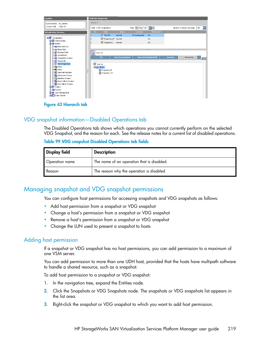 Vdg snapshot information—disabled operations tab, Managing snapshot and vdg snapshot permissions, Adding host permission | Hierarch tab, Vdg snapshot disabled operations tab fields, Managing, Snapshot and vdg snapshot permissions | HP SAN Virtualization Services Platform User Manual | Page 219 / 382