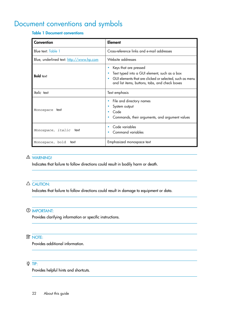 Document conventions and symbols, Document conventions | HP SAN Virtualization Services Platform User Manual | Page 22 / 382