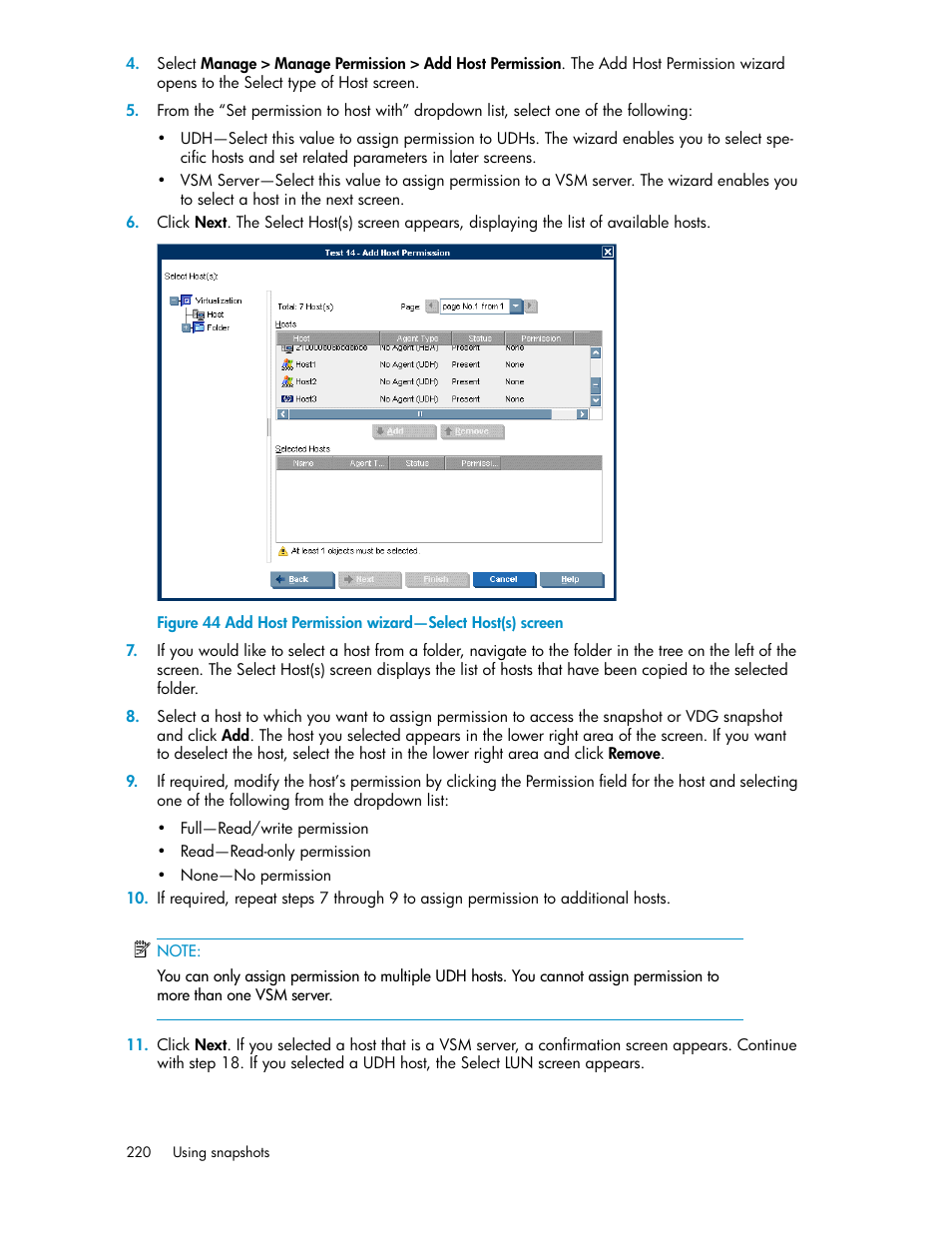 Add host permission wizard—select host(s) screen | HP SAN Virtualization Services Platform User Manual | Page 220 / 382