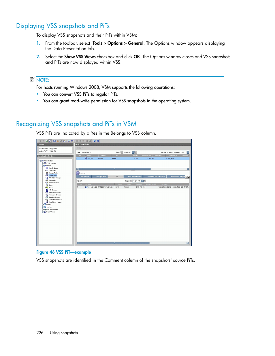 Displaying vss snapshots and pits, Recognizing vss snapshots and pits in vsm, 226 recognizing vss snapshots and pits in vsm | Vss pit—example | HP SAN Virtualization Services Platform User Manual | Page 226 / 382