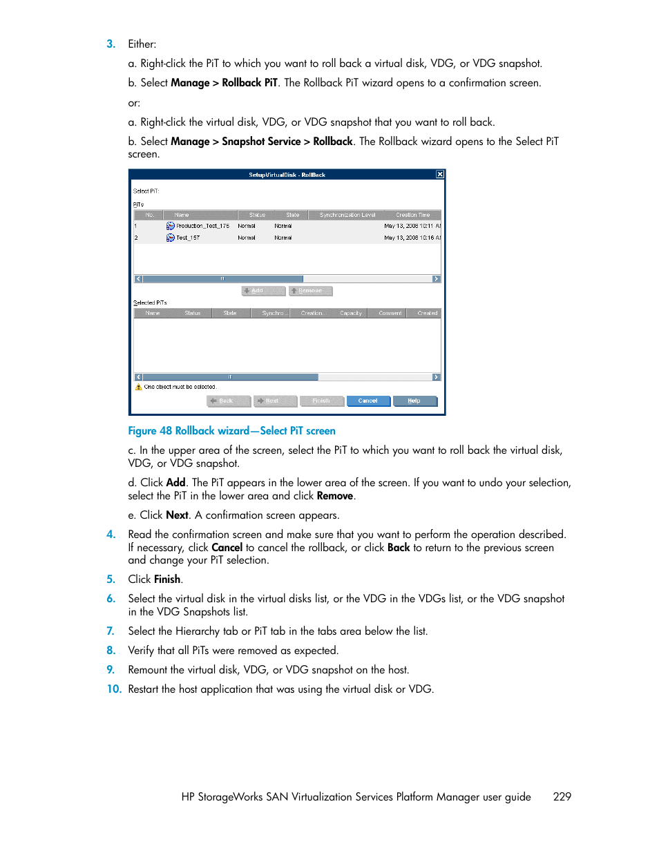 Rollback wizard—select pit screen | HP SAN Virtualization Services Platform User Manual | Page 229 / 382