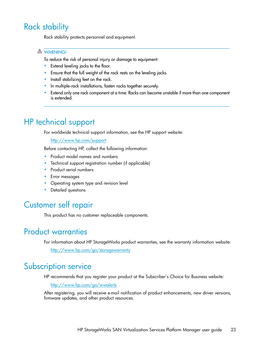 Rack stability, Hp technical support, Customer self repair | Product warranties, Subscription service, 23 hp technical support, 23 customer self repair, 23 product warranties, 23 subscription service | HP SAN Virtualization Services Platform User Manual | Page 23 / 382