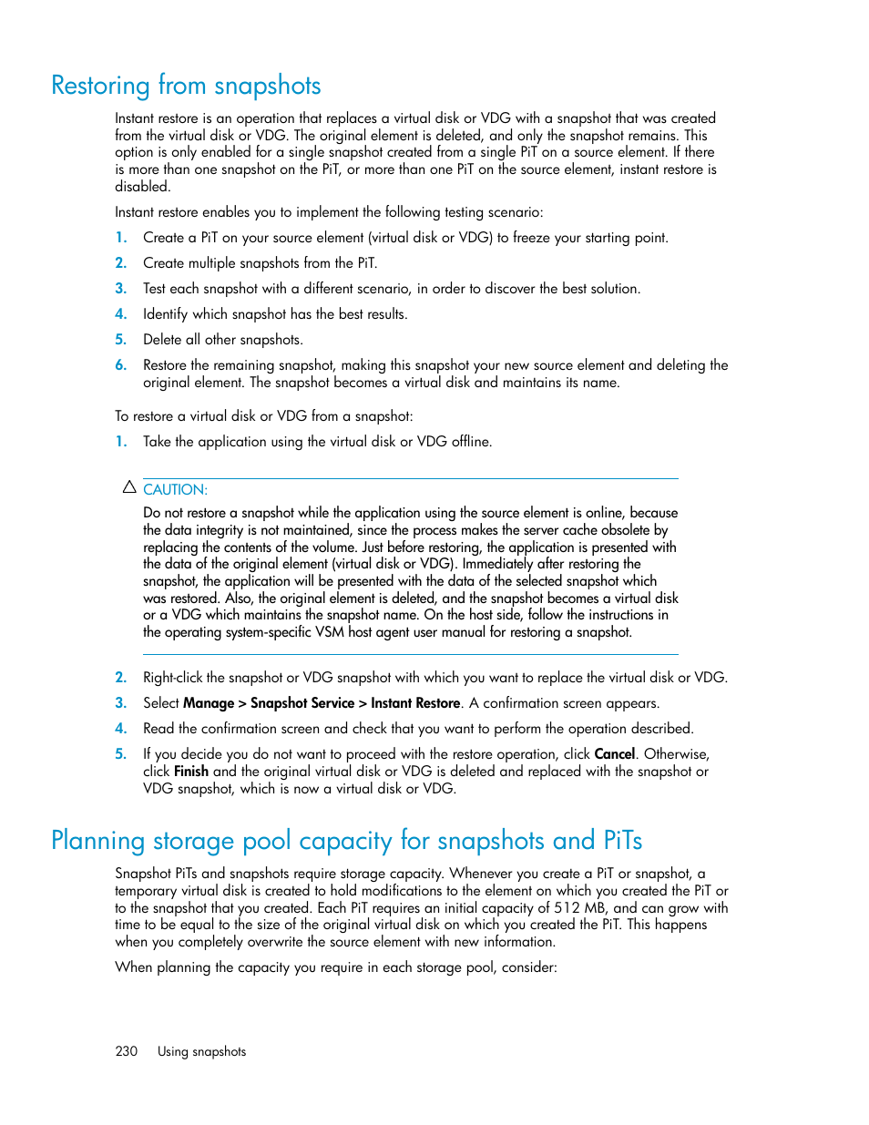 Restoring from snapshots, Restoring from snap, Shots | Restoring from, Snapshots | HP SAN Virtualization Services Platform User Manual | Page 230 / 382