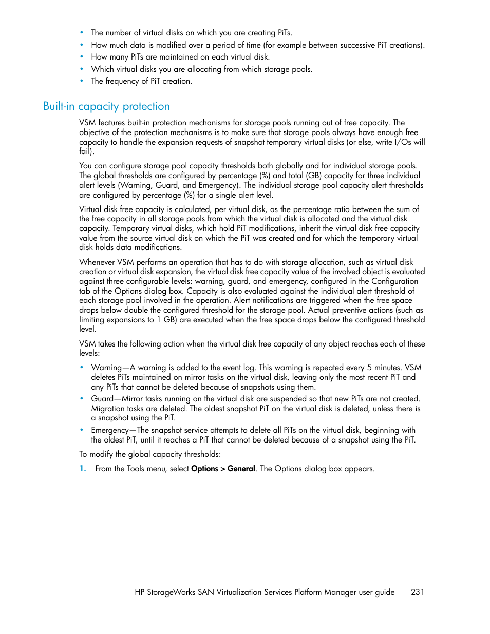 Built-in capacity protection | HP SAN Virtualization Services Platform User Manual | Page 231 / 382