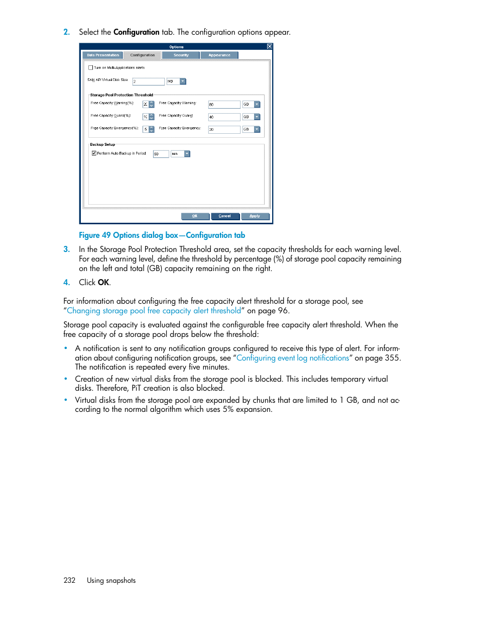 Options dialog box—configuration tab | HP SAN Virtualization Services Platform User Manual | Page 232 / 382