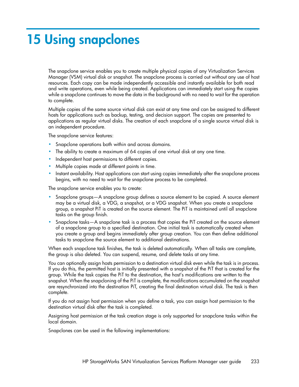 15 using snapclones, Using snapclones | HP SAN Virtualization Services Platform User Manual | Page 233 / 382