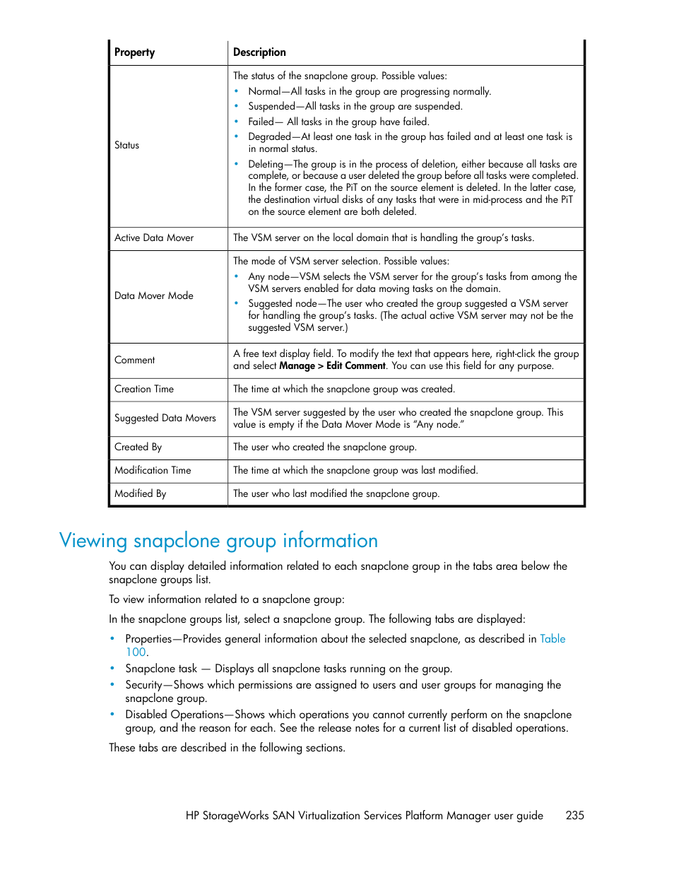 Viewing snapclone group information | HP SAN Virtualization Services Platform User Manual | Page 235 / 382