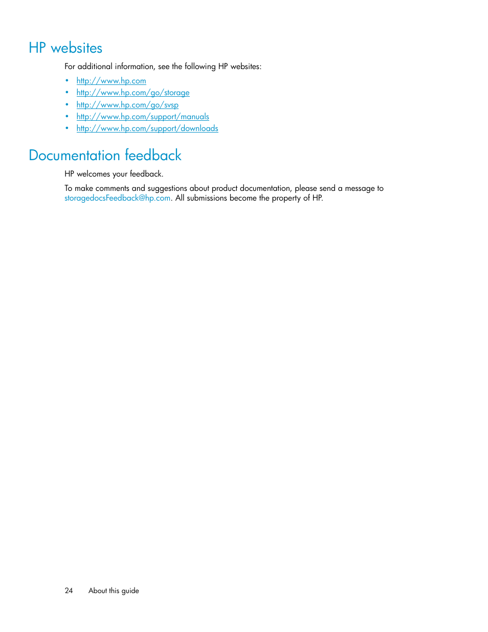 Hp websites, Documentation feedback, 24 documentation feedback | HP SAN Virtualization Services Platform User Manual | Page 24 / 382
