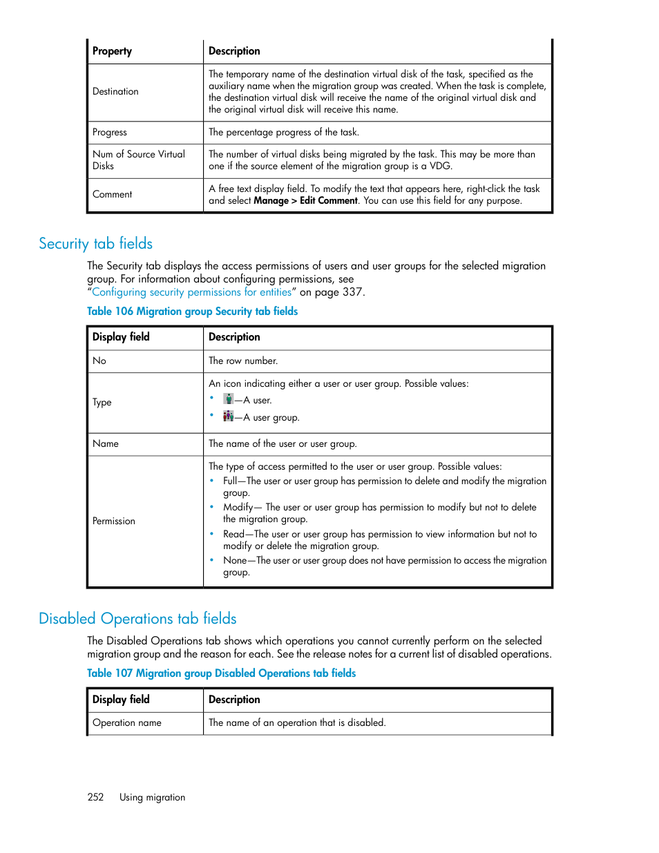 Security tab fields, Disabled operations tab fields, 252 disabled operations tab fields | Migration group security tab fields, Migration group disabled operations tab fields | HP SAN Virtualization Services Platform User Manual | Page 252 / 382