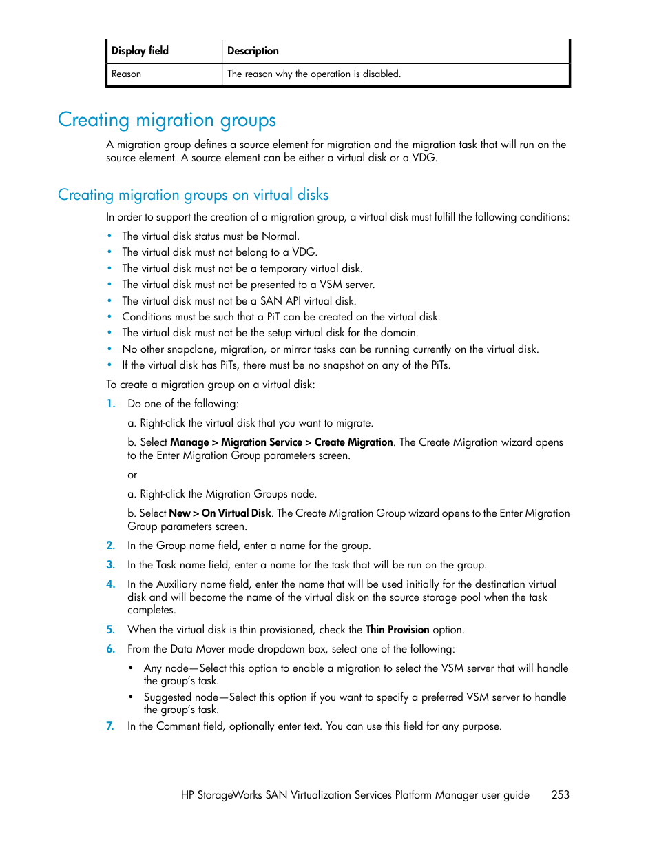 Creating migration groups, Creating migration groups on virtual disks | HP SAN Virtualization Services Platform User Manual | Page 253 / 382
