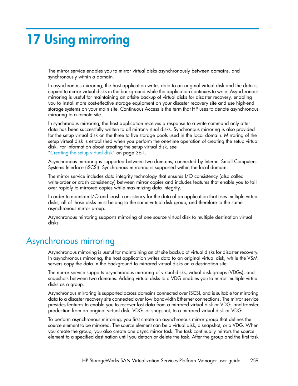 17 using mirroring, Asynchronous mirroring, Asynchronous mirror | Using mirroring | HP SAN Virtualization Services Platform User Manual | Page 259 / 382