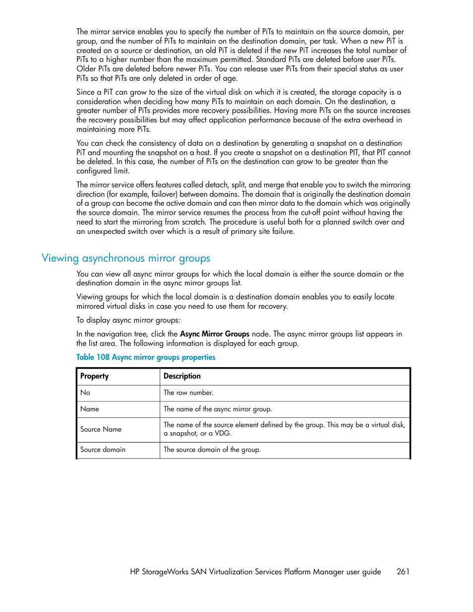Viewing asynchronous mirror groups, Async mirror groups properties | HP SAN Virtualization Services Platform User Manual | Page 261 / 382