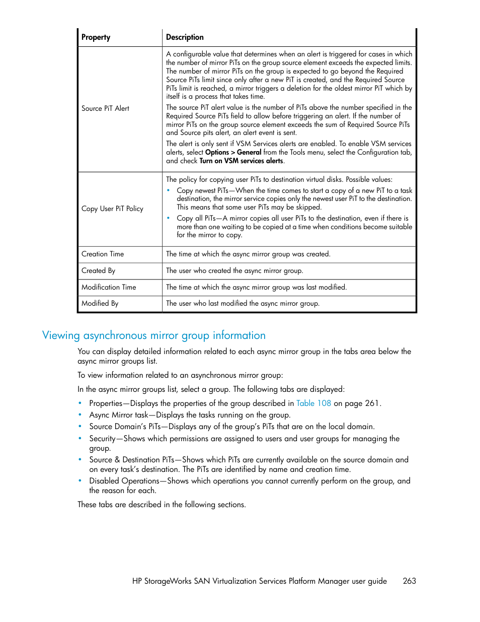 Viewing asynchronous mirror group information | HP SAN Virtualization Services Platform User Manual | Page 263 / 382