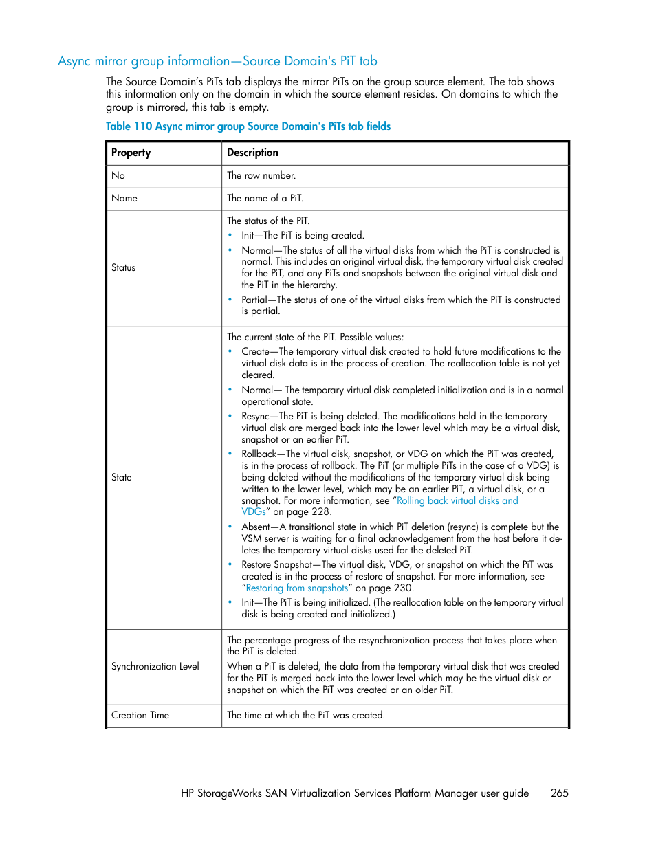 Async mirror group source domain's pits tab fields | HP SAN Virtualization Services Platform User Manual | Page 265 / 382