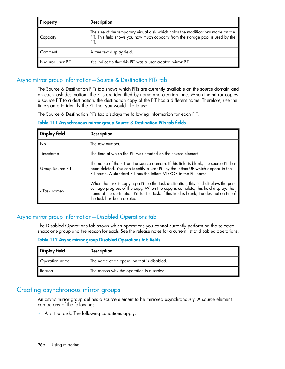 Creating asynchronous mirror groups, Async mirror group disabled operations tab fields | HP SAN Virtualization Services Platform User Manual | Page 266 / 382