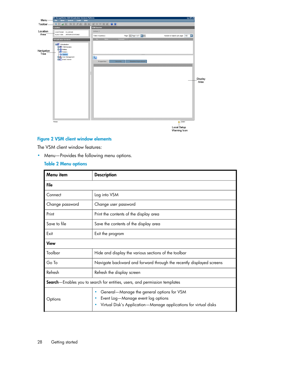 Vsm client window elements, Menu options | HP SAN Virtualization Services Platform User Manual | Page 28 / 382