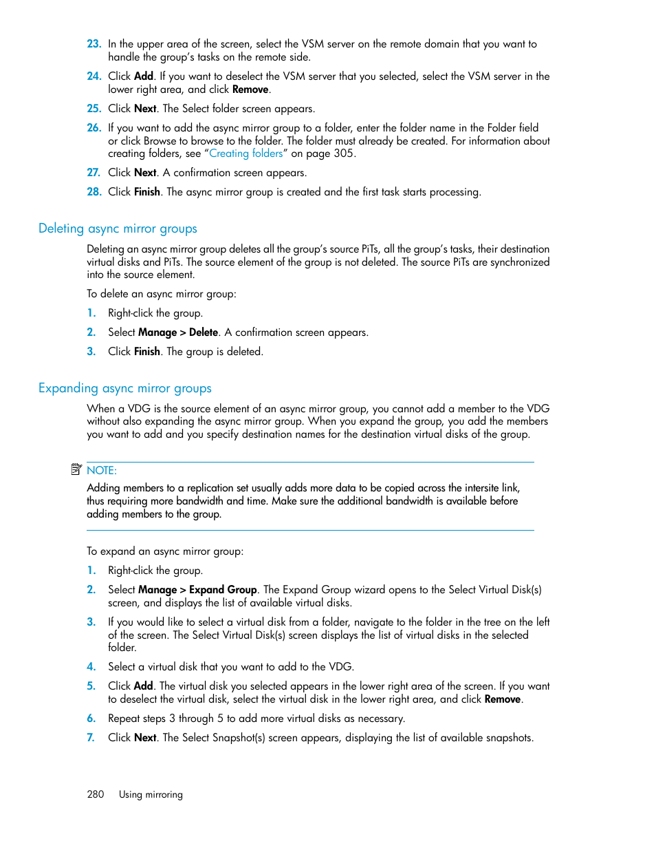 Deleting async mirror groups, Expanding async mirror groups, 280 expanding async mirror groups | HP SAN Virtualization Services Platform User Manual | Page 280 / 382