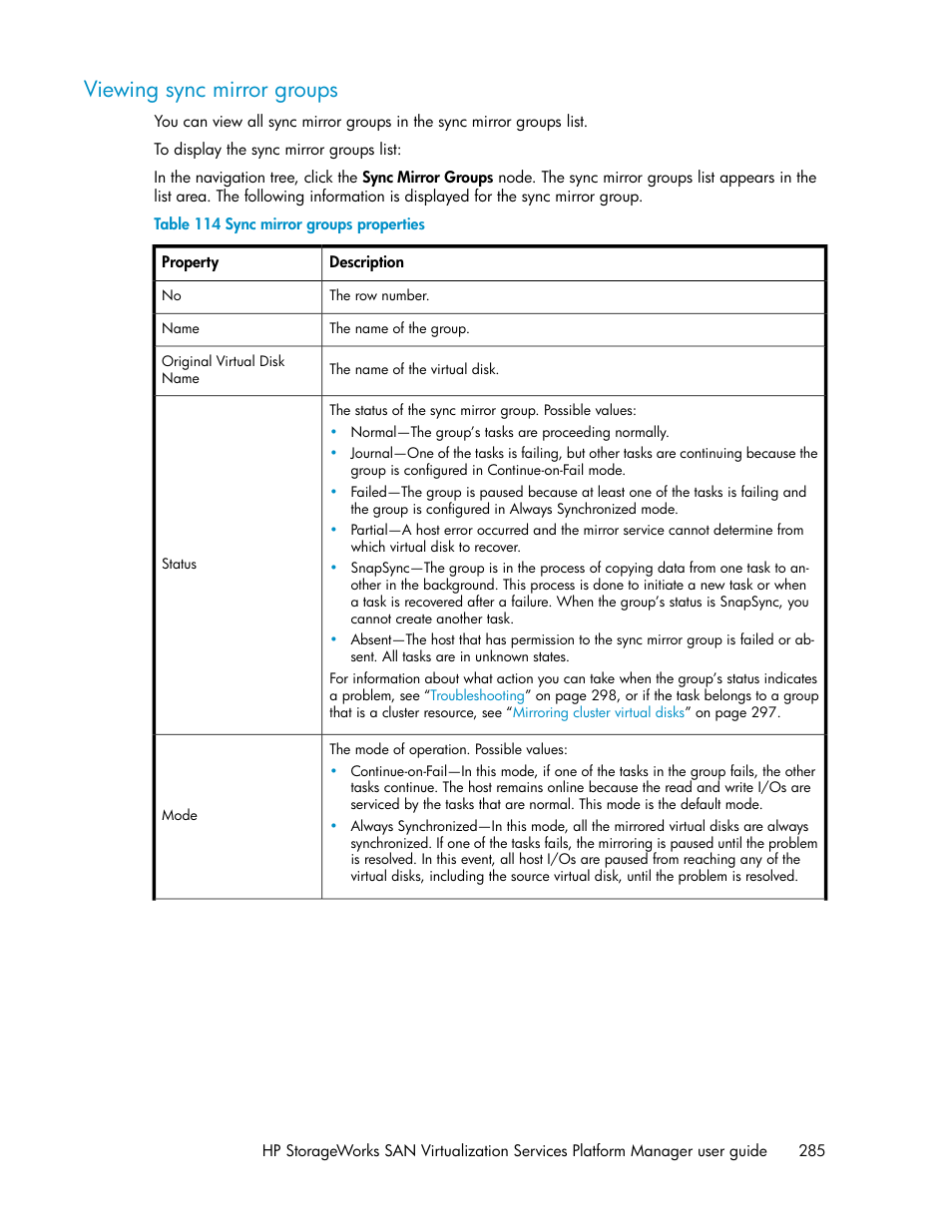 Viewing sync mirror groups, Sync mirror groups properties | HP SAN Virtualization Services Platform User Manual | Page 285 / 382