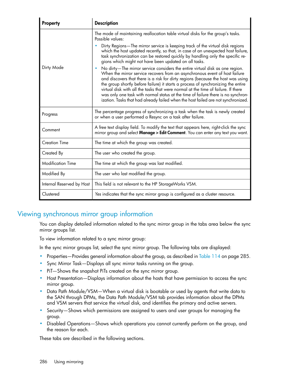 Viewing synchronous mirror group information | HP SAN Virtualization Services Platform User Manual | Page 286 / 382