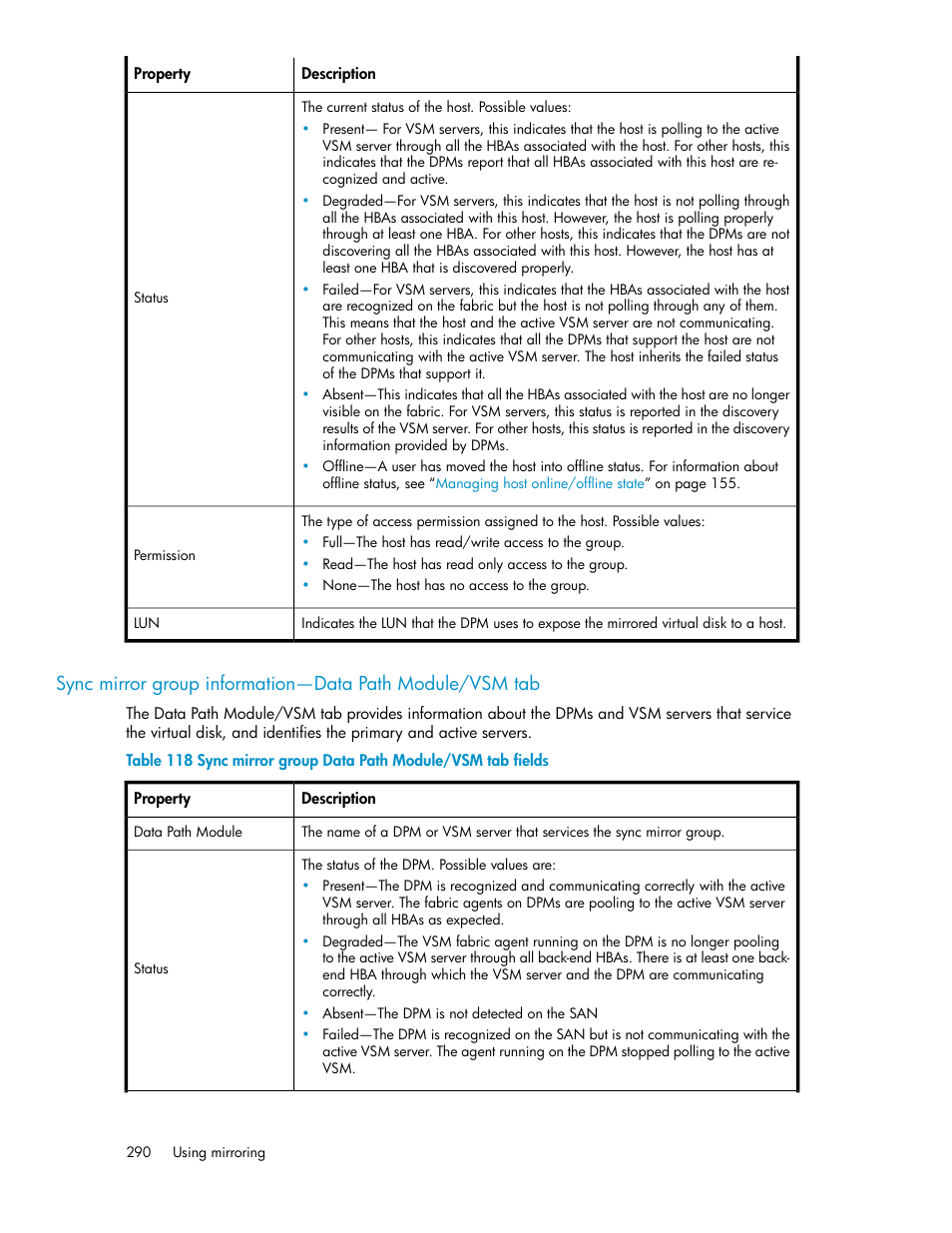 Sync mirror group data path module/vsm tab fields | HP SAN Virtualization Services Platform User Manual | Page 290 / 382