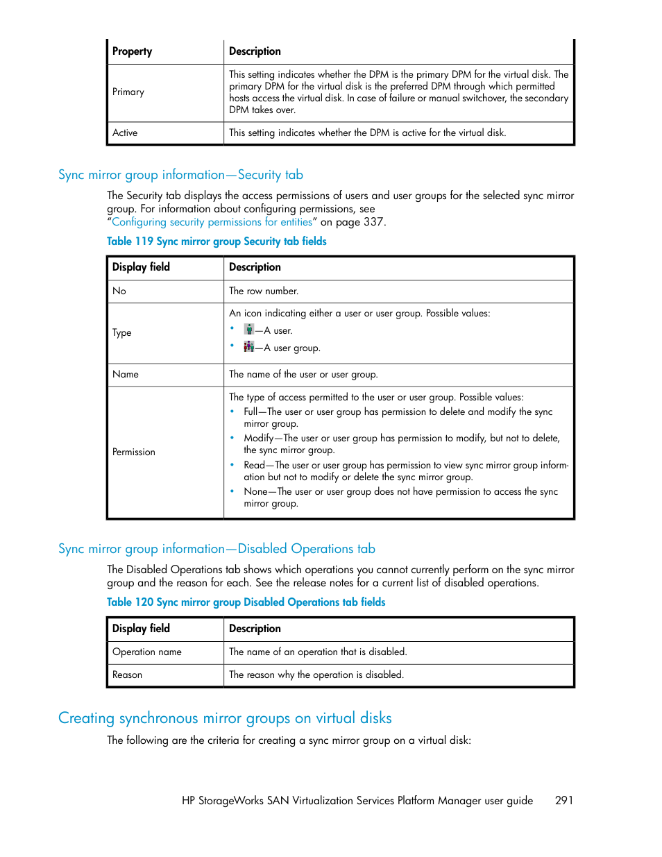 Sync mirror group information—security tab, Sync mirror group security tab fields, Sync mirror group disabled operations tab fields | HP SAN Virtualization Services Platform User Manual | Page 291 / 382