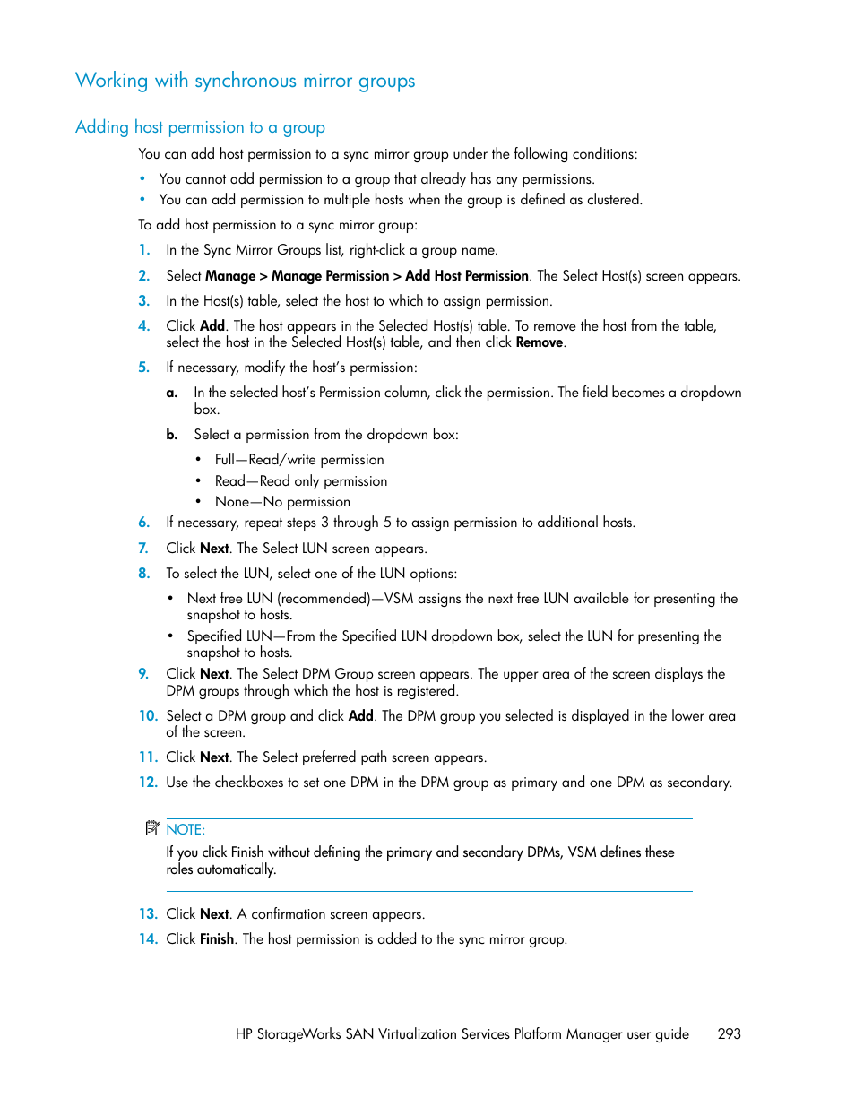 Working with synchronous mirror groups, Adding host permission to a group | HP SAN Virtualization Services Platform User Manual | Page 293 / 382