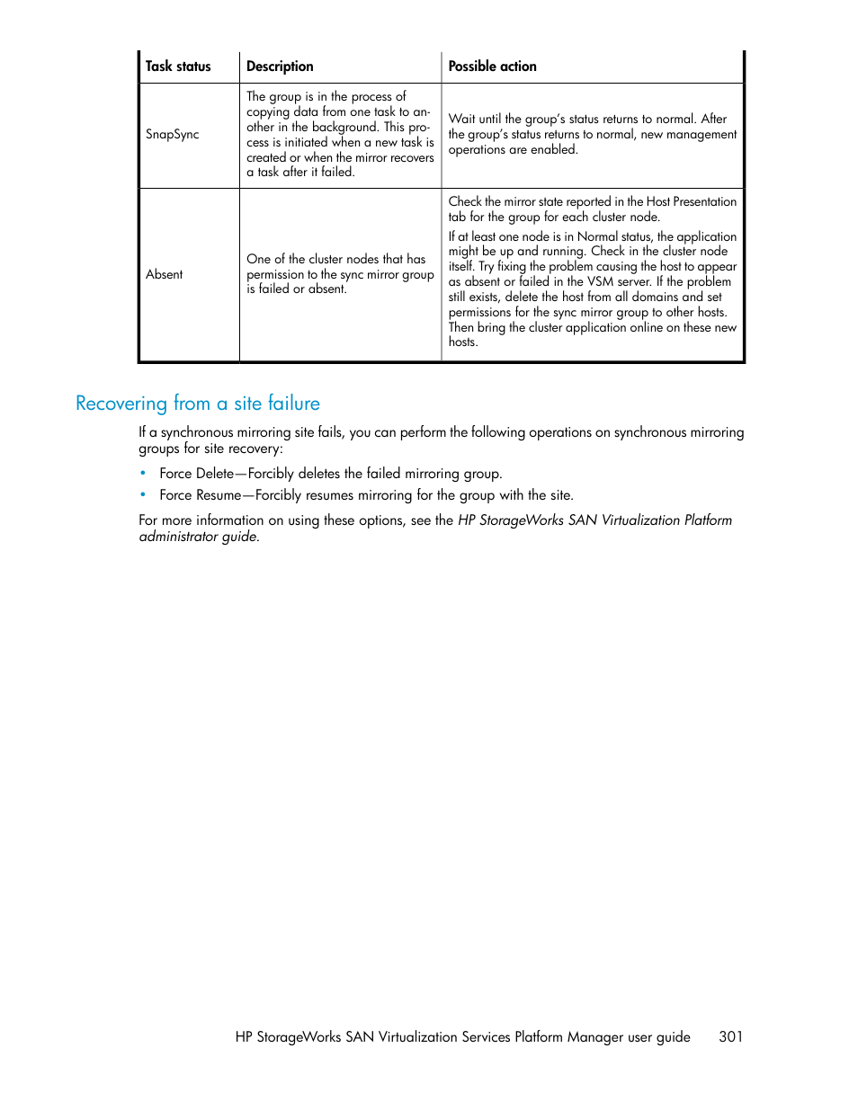 Recovering from a site failure | HP SAN Virtualization Services Platform User Manual | Page 301 / 382
