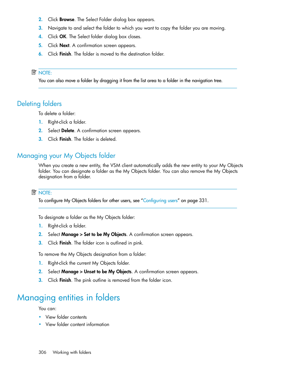 Deleting folders, Managing your my objects folder, Managing entities in folders | 306 managing your my objects folder | HP SAN Virtualization Services Platform User Manual | Page 306 / 382