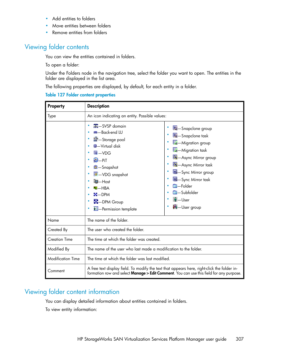Viewing folder contents, Viewing folder content information, 307 viewing folder content information | Folder content properties | HP SAN Virtualization Services Platform User Manual | Page 307 / 382