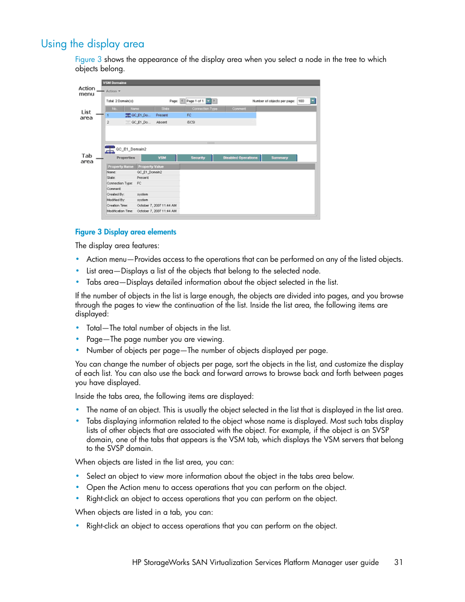 Using the display area, Display area elements | HP SAN Virtualization Services Platform User Manual | Page 31 / 382