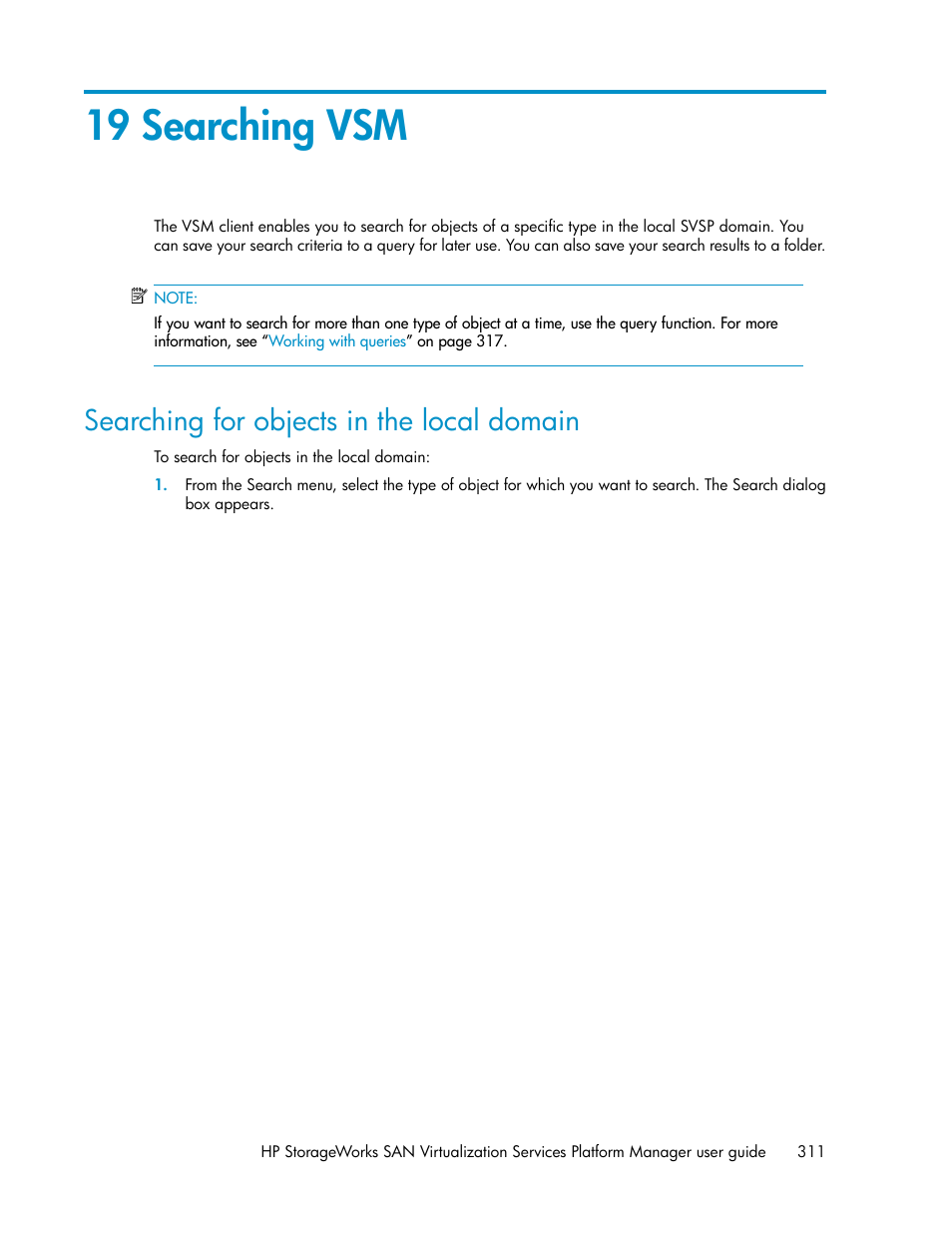 19 searching vsm, Searching for objects in the local domain | HP SAN Virtualization Services Platform User Manual | Page 311 / 382