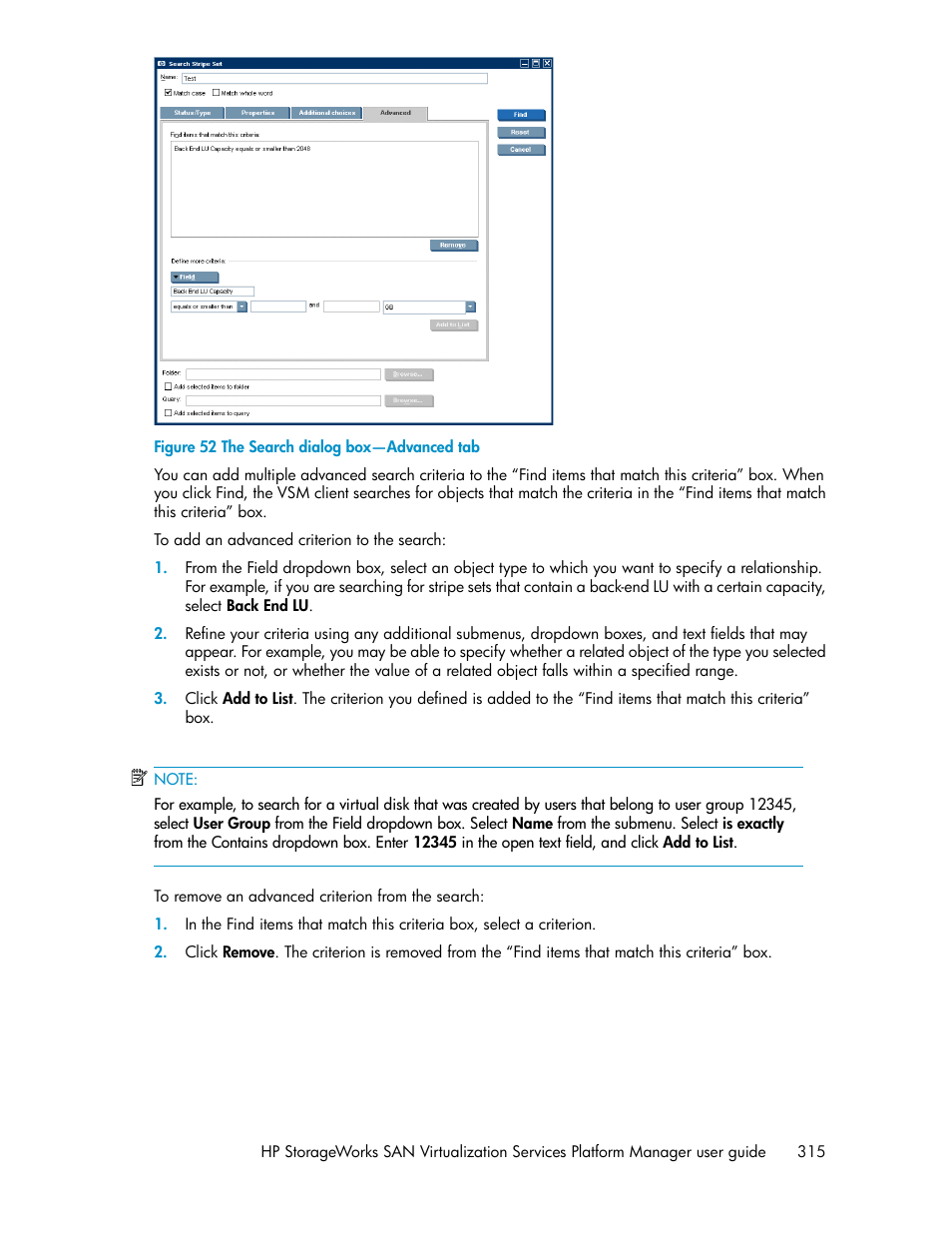 The search dialog box—advanced tab | HP SAN Virtualization Services Platform User Manual | Page 315 / 382