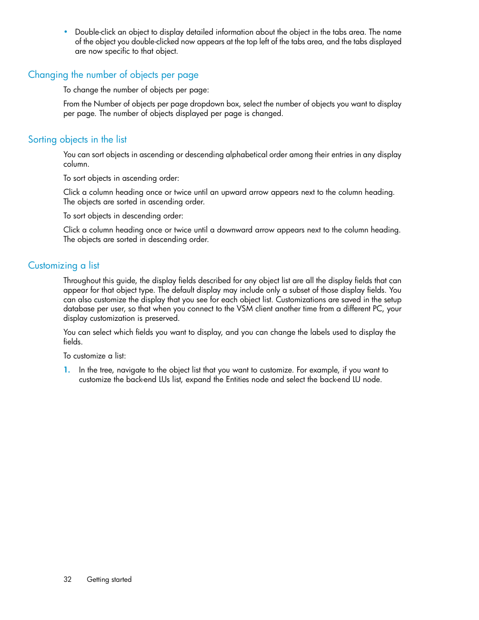 Sorting objects in the list, Customizing a list, 32 sorting objects in the list | 32 customizing a list | HP SAN Virtualization Services Platform User Manual | Page 32 / 382