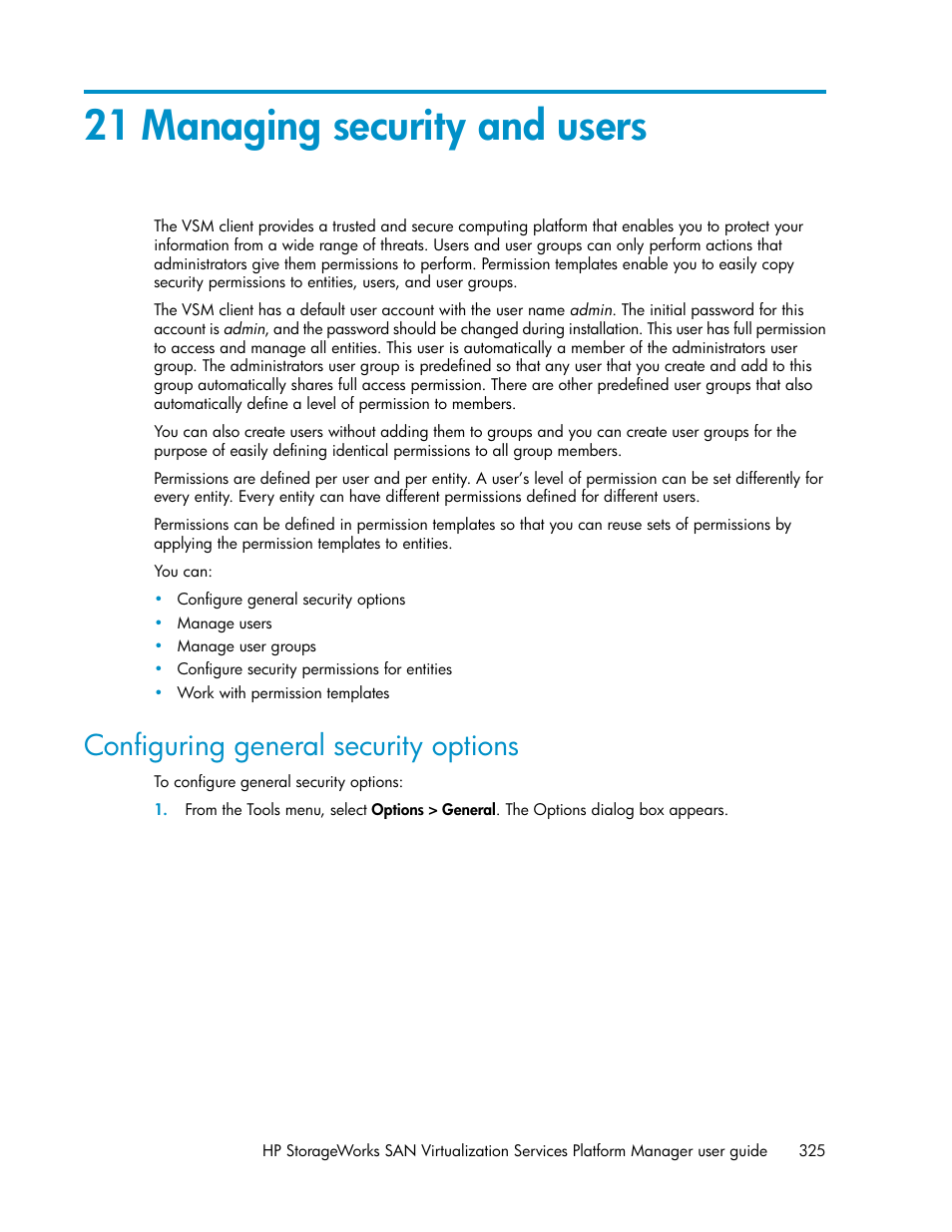 21 managing security and users, Configuring general security options | HP SAN Virtualization Services Platform User Manual | Page 325 / 382