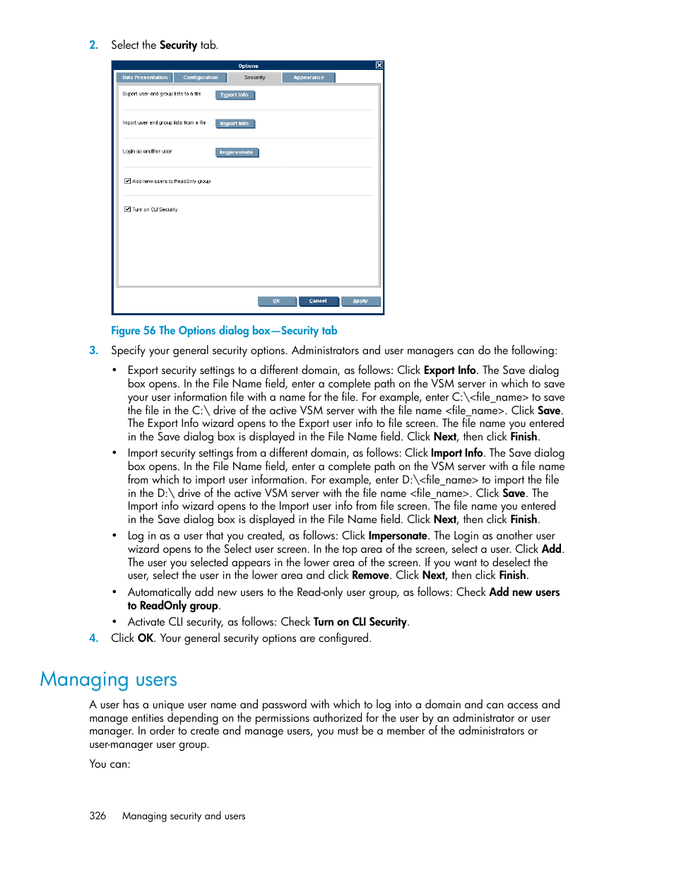 Managing users, The options dialog box—security tab | HP SAN Virtualization Services Platform User Manual | Page 326 / 382